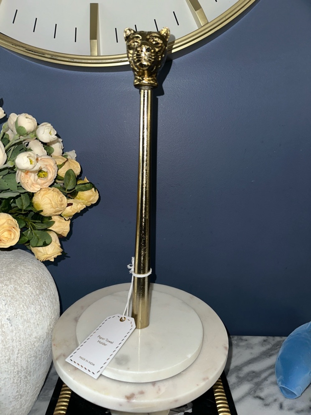 Gold Marble Paper Towel Holder with Cheetah Finial